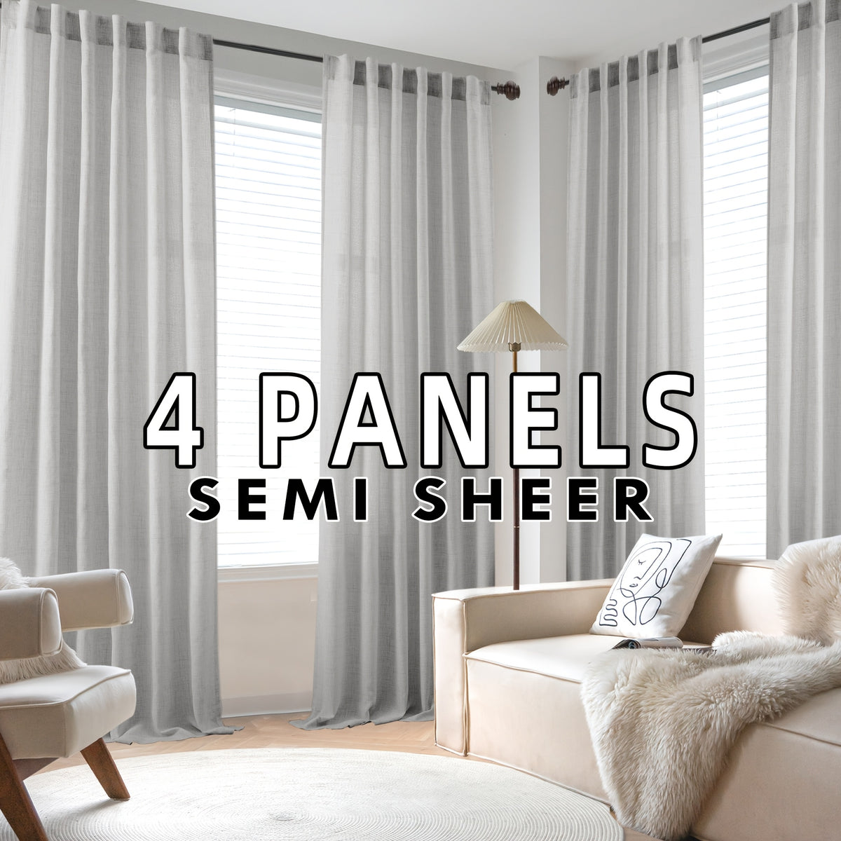 4 Panels Natural Linen Curtains for Living Room Semi Sheer Farmhouse Real Flax Rod Pocket Back Tab Boho Rustic Light Filtering Window Drapes for Bedroom Privacy Assured
