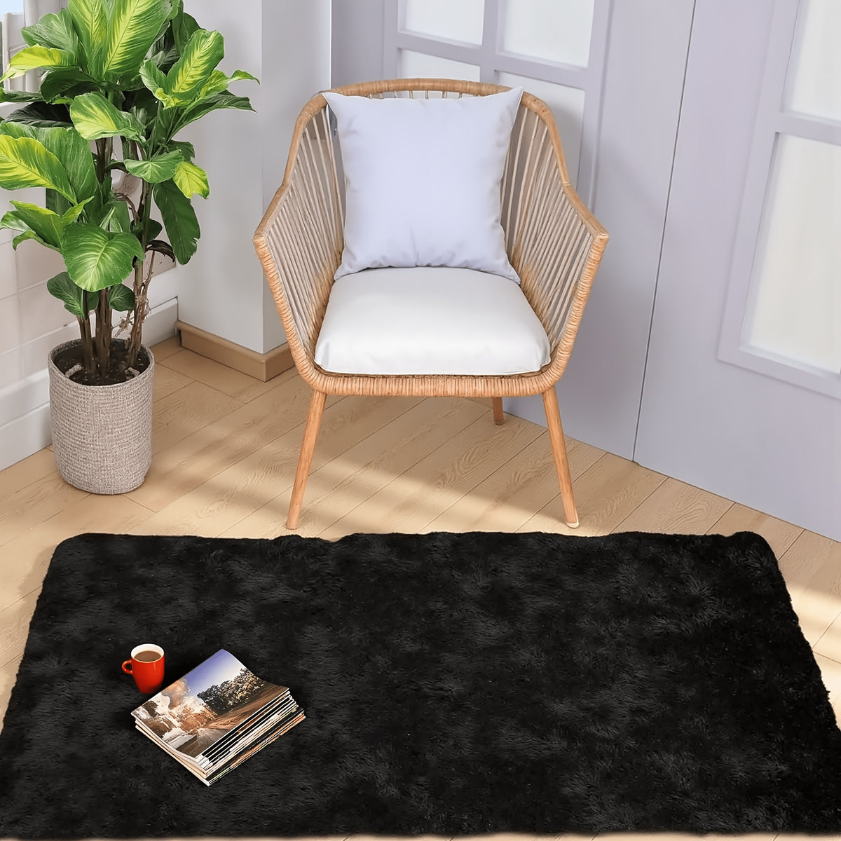 1pc Giant 71x106in Plush Area Rug | Non-Slip Fluffy, 1.6 Inch Thick, Machine Washable, Polyester, Solid Color, Rectangle, Flat Woven | Ideal for Living Room, Bedroom, Study, Makeup Room, Holiday Decoration, Cozy Home Carpet, Gray/Black