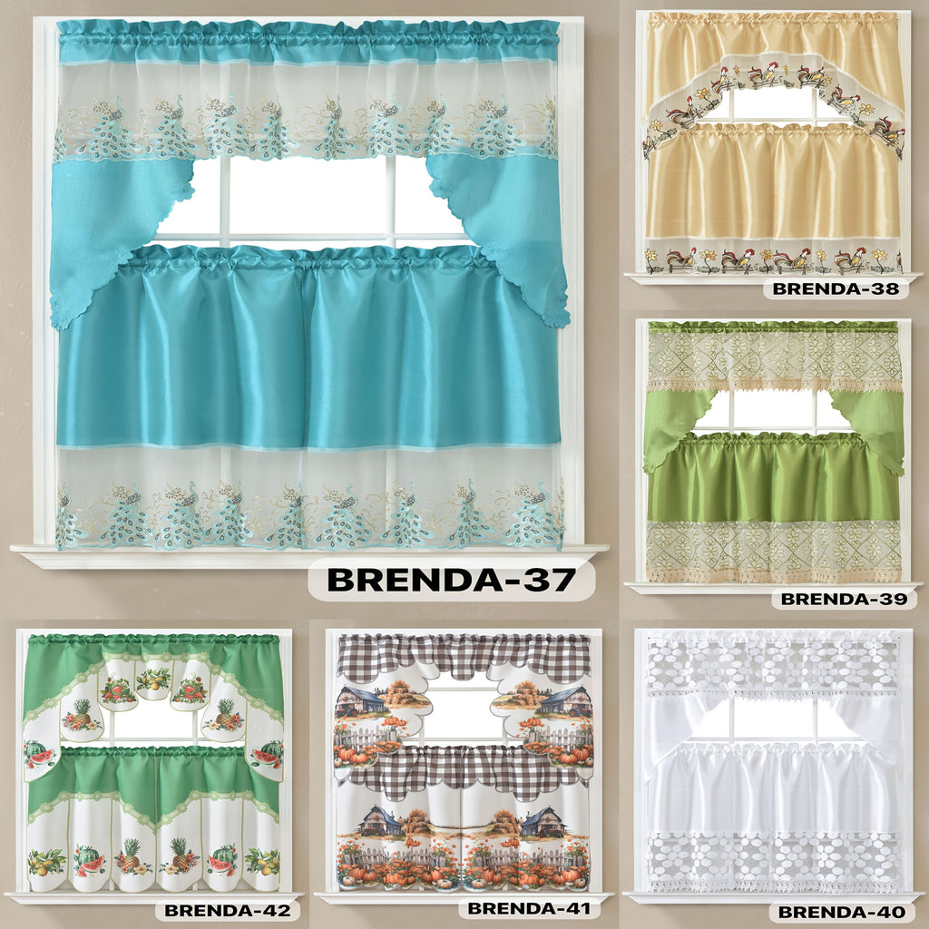 3pcs Bamboo Embroidered Kitchen Curtain Set, Floral Embroidery, Lightweight and Soft, Easy Care, Machine Washable, Satin Fabric, Embroidered