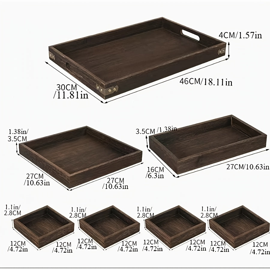 7 Split Solid Trays, Vintage Elegance, Rustic Trays with Handles, Rectangular Party Trays, Fruit Trays, Tea Trays for Placing Large and Small Items, Snacks, Tea, Coffee, Desserts, Durable Kitchen or Living Room Decoration Trays