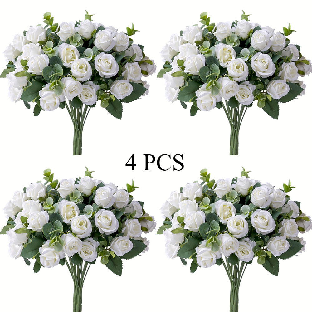4 Bunches of Realistic Artificial Roses - Vibrant Pink, Red, White And Green Plastic Faux Flowers, Suitable for Valentine'S Day, Weddings, Home Decoration, Indoor/ Outdoor Flower Arrangements (No Maintenance Required)