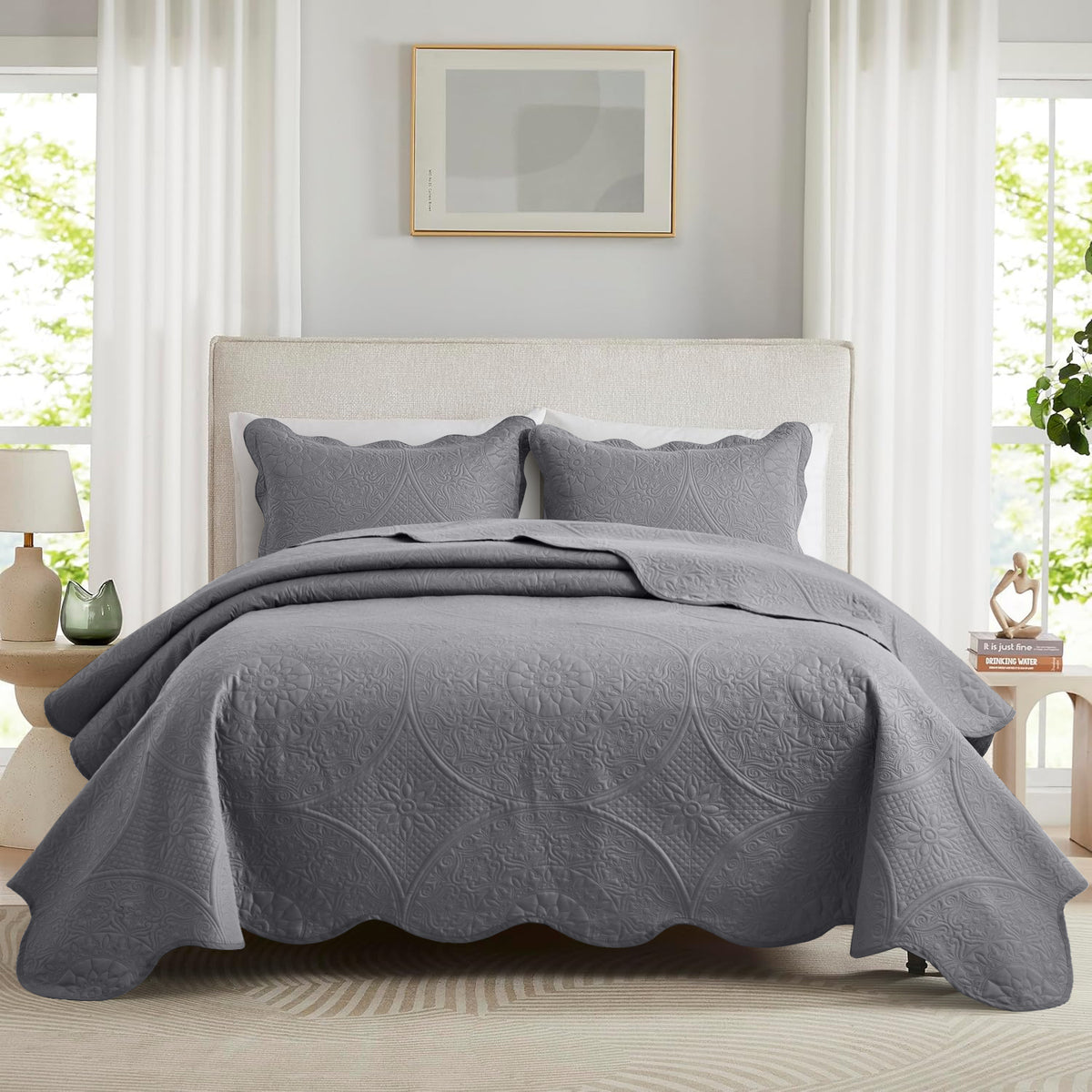 3pcs Luxury Quilted Bedspread Set – Oversize Quilt Coverlet Soft & Cozy Floral Bedspread with Pillow Shams, Breathable Lightweight for Bedroom & Guest Room Decor