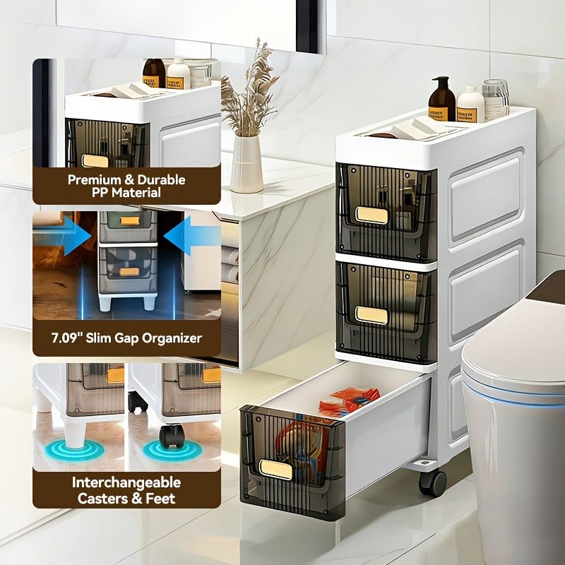 Deluxe Slim Storage Cabinet with Drawers - Durable Waterproof PP Material, Multi-Purpose Organizer with Ample Storage for Bathroom, Kitchen, Personal Care Product Dispensers, and More - Ideal for Small Spaces, Storage Drawer Units