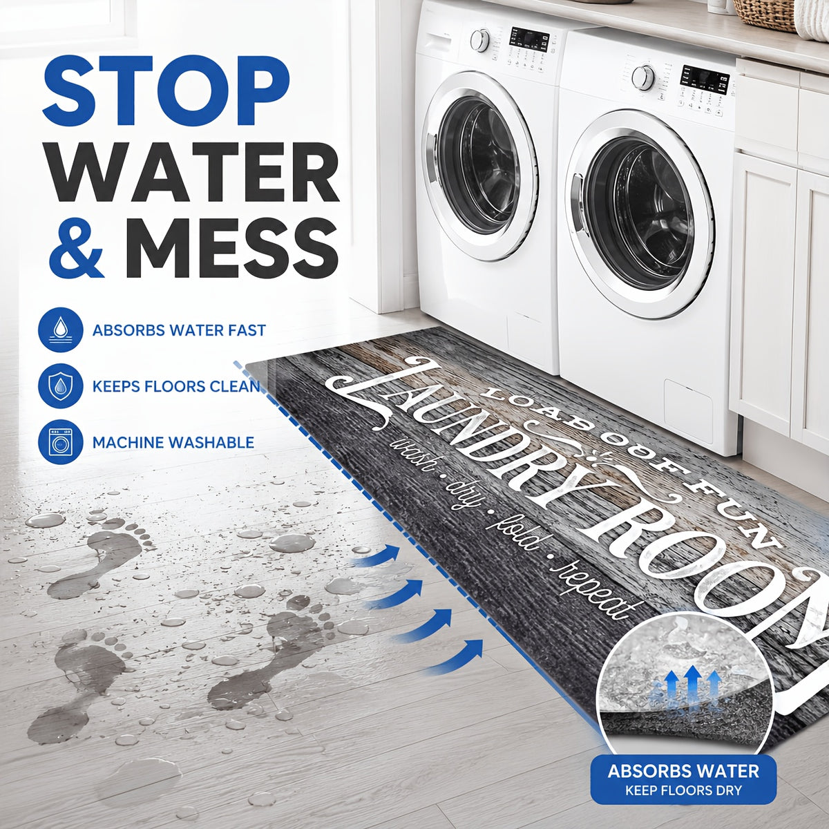 Non-slip Washable Laundry Room Runner Mat,Home Decor Floor Mat,Laundry Mat Home Decor,Laundry Room Accessories-Machine Washable Mat with Laundry-Themed Phrases