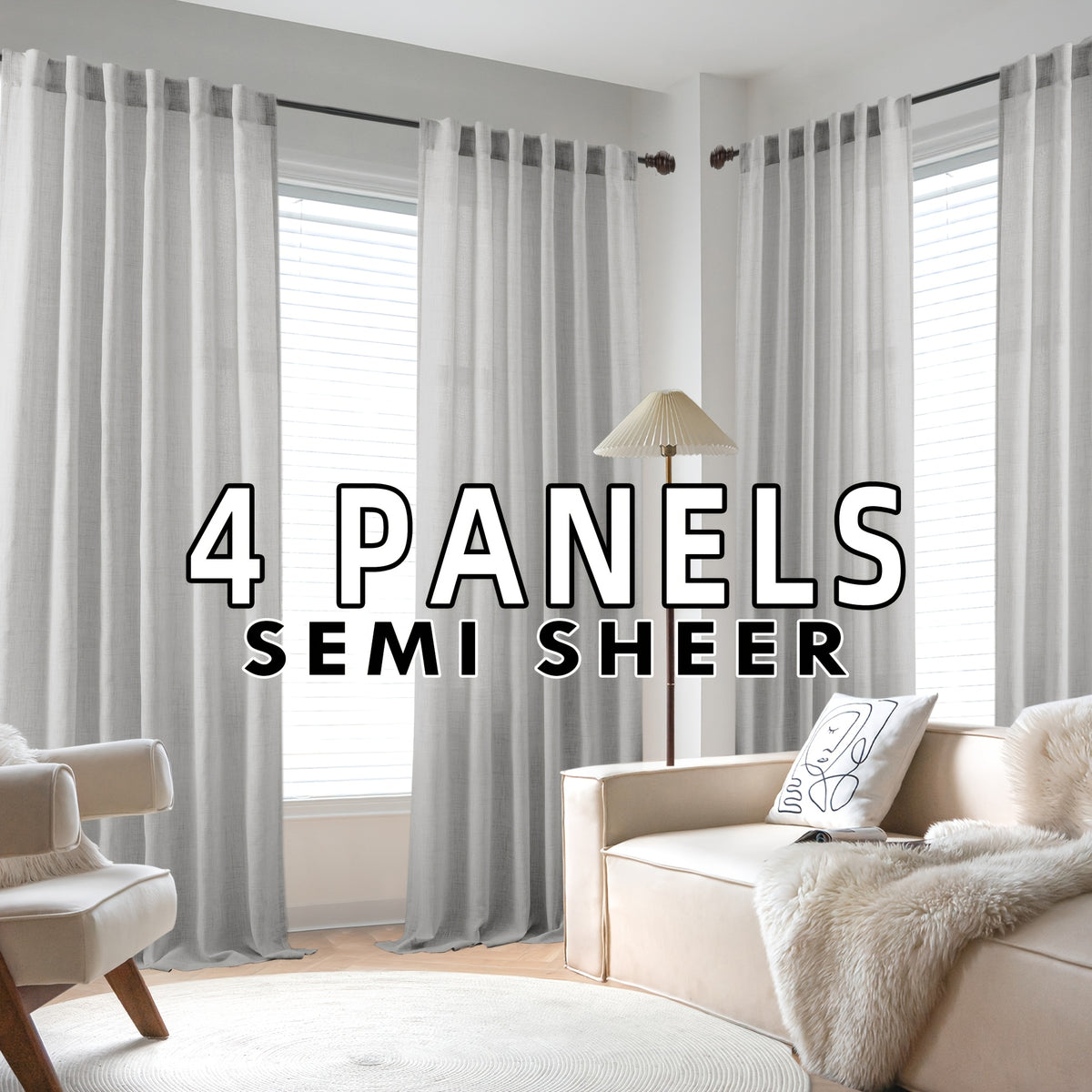 4 Panels Natural Linen Curtains for Living Room Semi Sheer Farmhouse Real Flax Rod Pocket Back Tab Boho Rustic Light Filtering Window Drapes for Bedroom Privacy Assured