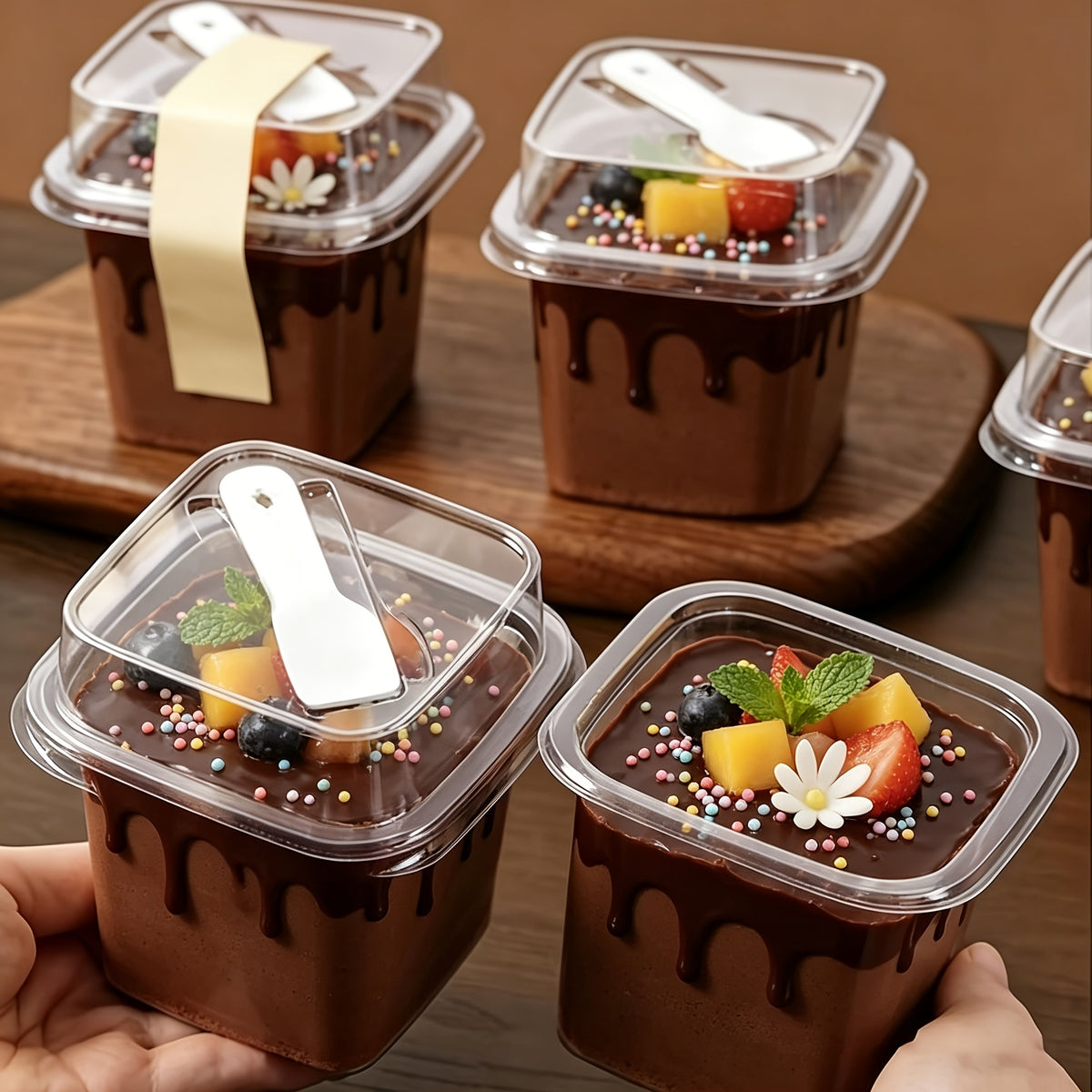 [30pcs Dessert Boxes] 30pcs PET Transparent Square Dessert Boxes, Including (Cake Cup And Lid And Spoon) Dessert Packaging Box With Spoon, Sealed And Leak-Proof, Baking Mille-Feuille Mousse Cake Packaging Container, Suitable For Cakes, Mousses, Fruits, Ic