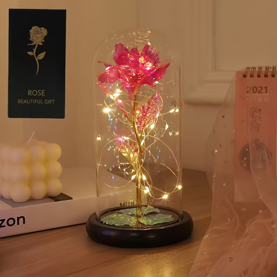 1pc Valentine's Day Gift for Girlfriend, Eternal Rose LED Foil Flower On Glass Cover, Mother's Day Wedding Gift Bridesmaid Gift, Desktop Romantic Decoration