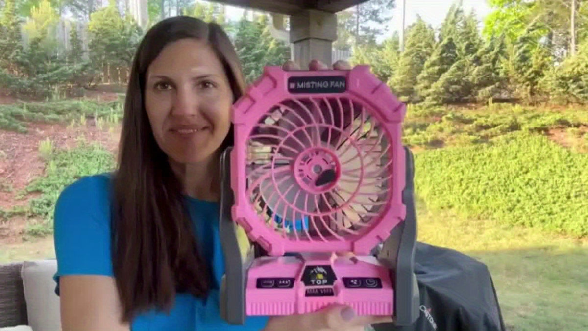 Rechargeable Misting Camping Fan, 20000mAh Portable Outdoor Fan with 4 Speeds, 200ml Water Tank, RGB Lighting and USB Output for Tent and Patio Use