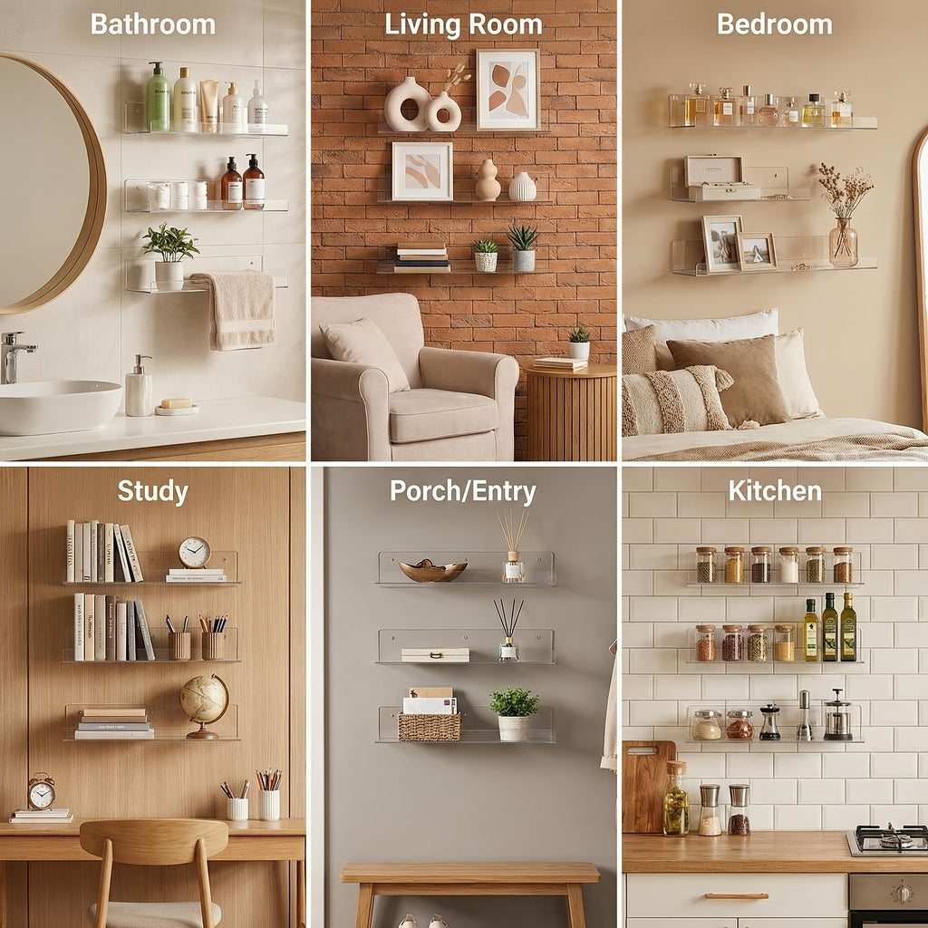 Chefstory 8/16 Pack Acrylic Floating Shelves | 15 Inchx4 Inch Wall Hanging Display Shelf Organizer for Bathroom, Bedroom, Living Room, Kitchen, Room Decor, Clear