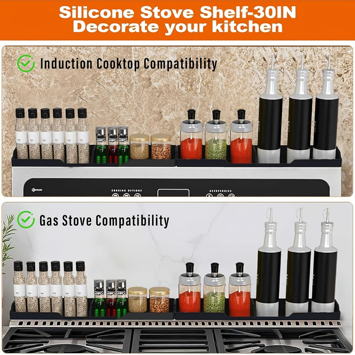 30 Inch Silicone Stove Oven Top Shelf Magnetic for Kitchen Gadgets, Soft Flexible Strong Magnetic Heat Resistant Spice Rack Kitchen Organizer for Over Oven Stove