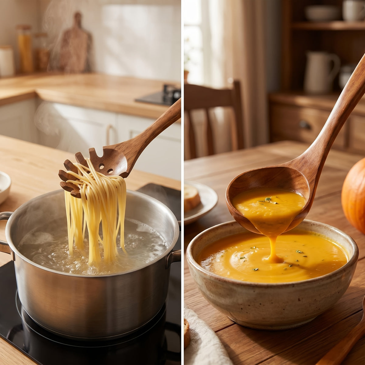 A Set of 10pcs High-Quality Thick-Walled Teak Cookware, Non-Stick Friendly, Heat-Resistant, with Ergonomic Handles, Comfortable Grip, Suitable for Stirring, Baking, Serving And Easy Cooking, 730G/ 1.61Lb