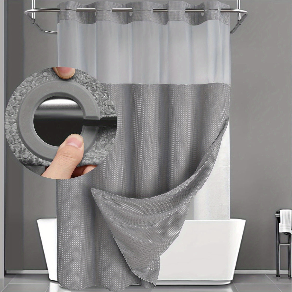 Hookless Shower Curtain and Snap Liner Set, Double-Layer Waffle Window Bath Curtain in White, Matcha or Black for Home and Hotel Bathrooms