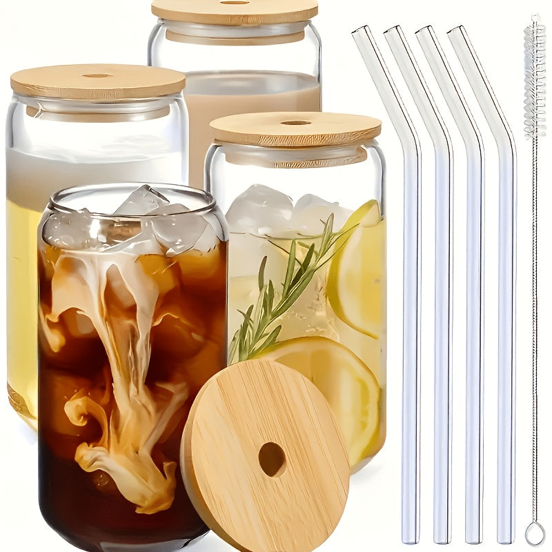 4/6pcs, 18.6oz/550ml, Including Lid, Straw, Straw Brush Glass Cup Set. The Elegant Shape Of The Drinking Cup Is An Ideal Gift, And The Can Shaped Glass Cup Is Suitable for Any Beverage And Occasion