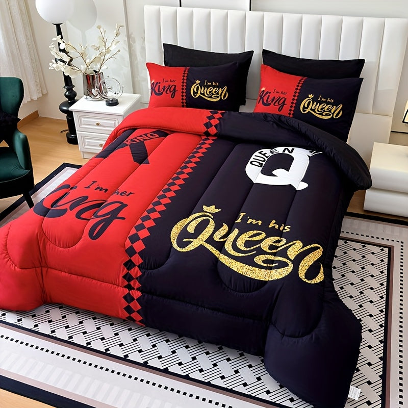 Tog 3 3pcs Super Soft Breathable Black Grey Color Blocking Crown Letter Thickening Quilt Set (1 Comforter +2 Pillowcases Without Pillow Core), Contains Padding 180gsm Quilting Soft Ventilate Digital Printing Bedroom Dormitory At Home