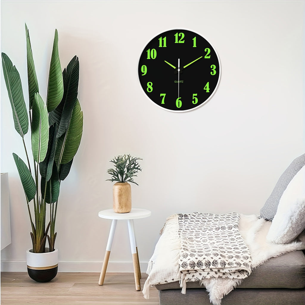 8-16 Inch Modern Black Glow-in-the-Dark Wall Clock, Silent No-Ticking, Battery Powered, Decorative Clock for Living Room, Bedroom, Office & Kitchen, Plastic Frame with High-Transparency Glass Mirror, Perfect Christmas & Housewarming Gift
