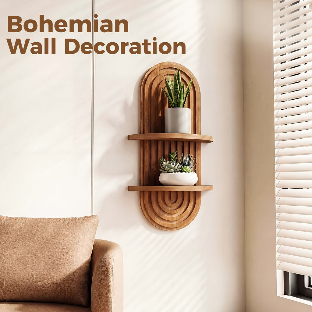 Plant Shelf Mid-Century Modern 1-2 Tier 15In Brown Wood Floating Shelves Wall Planter Holder & Boho Decor Hanging