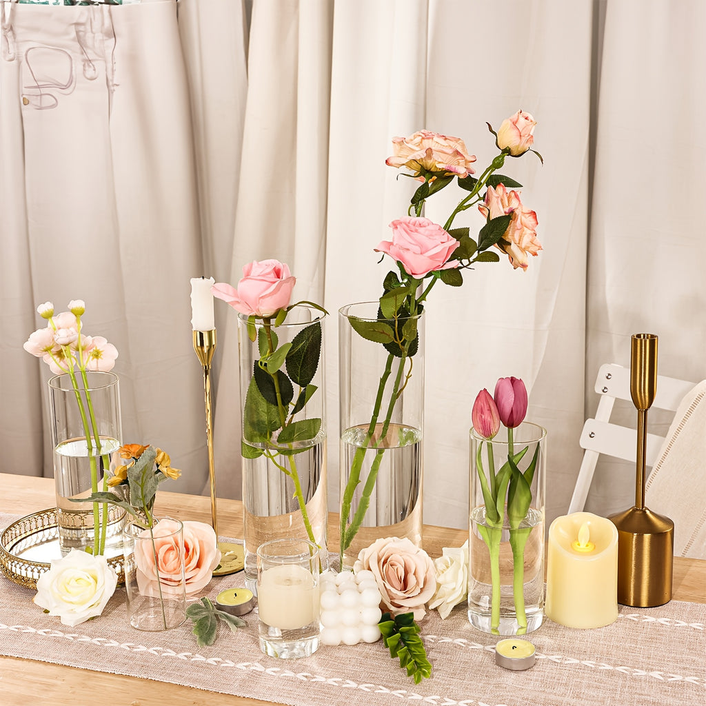 TOMNK 15/18/24/48pcs Glass Cylinder Vase in 3 Different Sizes (4In/8In/12In H), Clear Candle Holder, Tall Clear Vases for Halloween Decorations, Wedding & Party Centerpieces, Glass Flower Vase for Home Decor Party