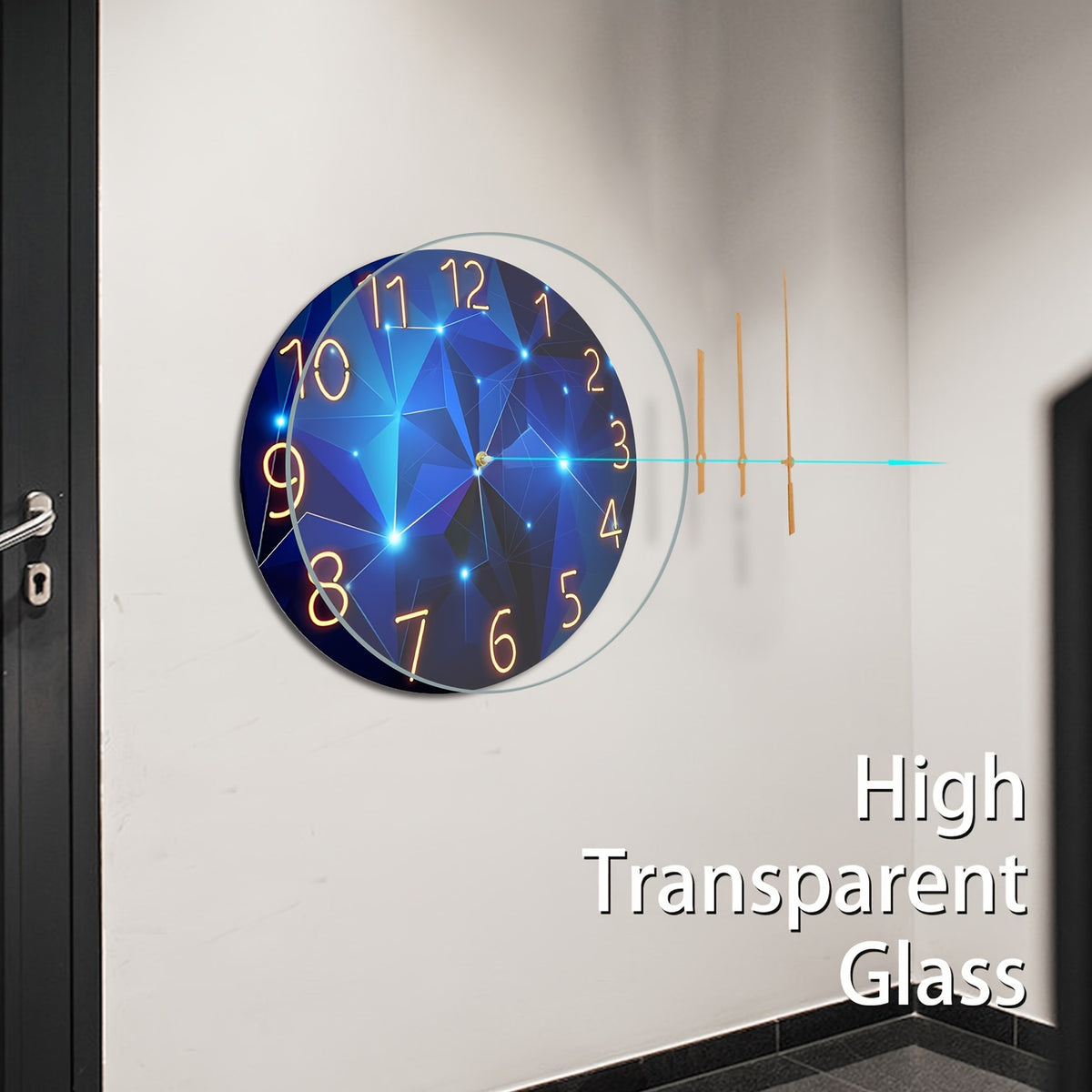 Large Modern Blue Glass Wall Clock - Dark Blue Accessories, 12-24 Inch Silent Quartz Clock, Battery-powered, Suitable for Living Room, Bedroom, Office Decorative Clock, Housewarming Gift, Home Decoration, Fantasy-style Design