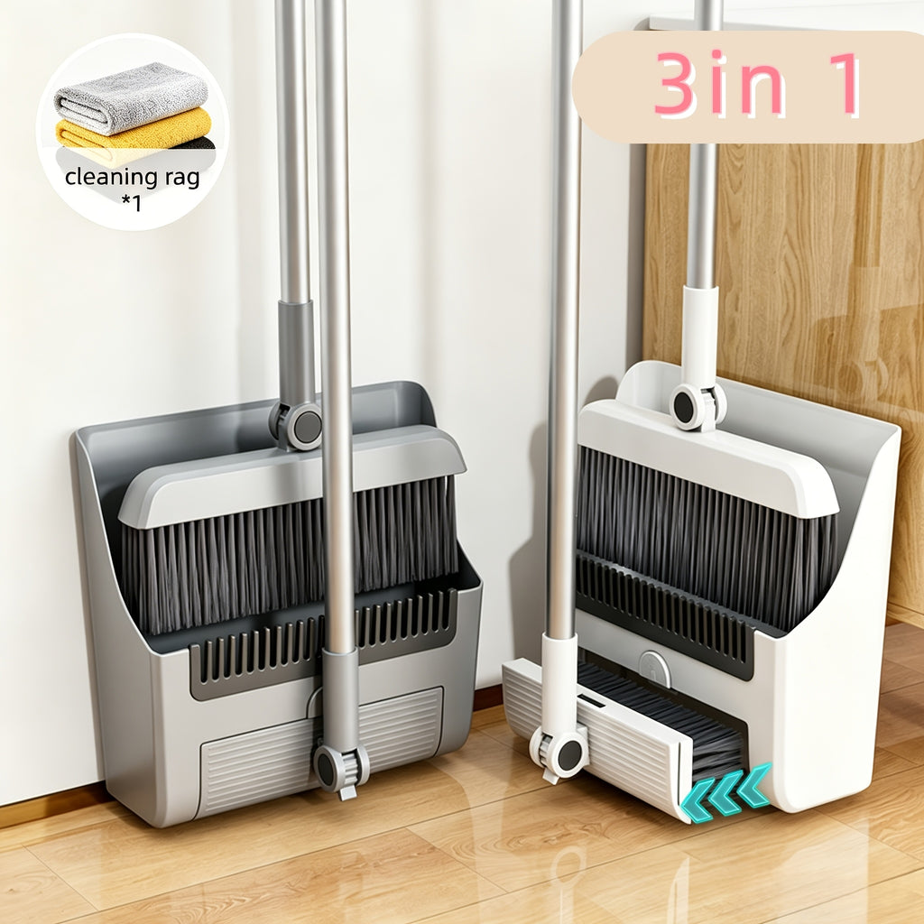 3-in-1 Upright Broom And Dustpan Combo, Long Handle Floor Sweeping Brush Set With Comb Teeth Dustpan, Garbage Bag Holder, Indoor Outdoor Cleaning Kit For Kitchen, Balcony, Patio, Garage, Party Cleanup