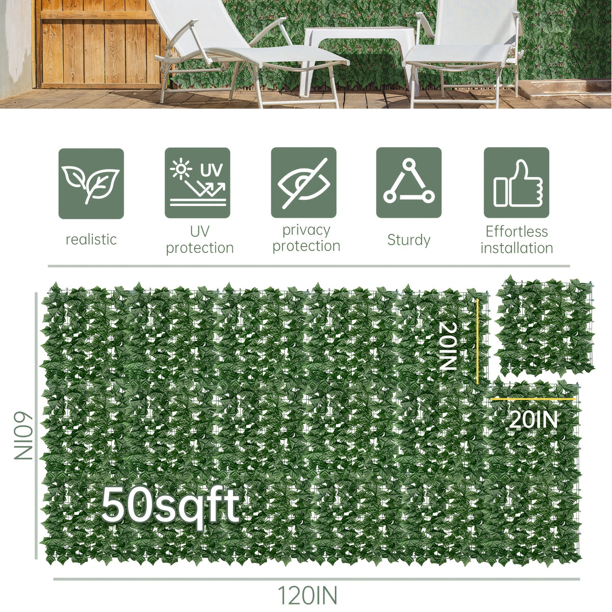 60X120in Artificial Ivy Privacy Fence Screen: Realistic UV-Anti Faux Ivy Hedge Panel, Indoor And Outdoor Decor for Patio, Garden, Balcony, And Fence Cover