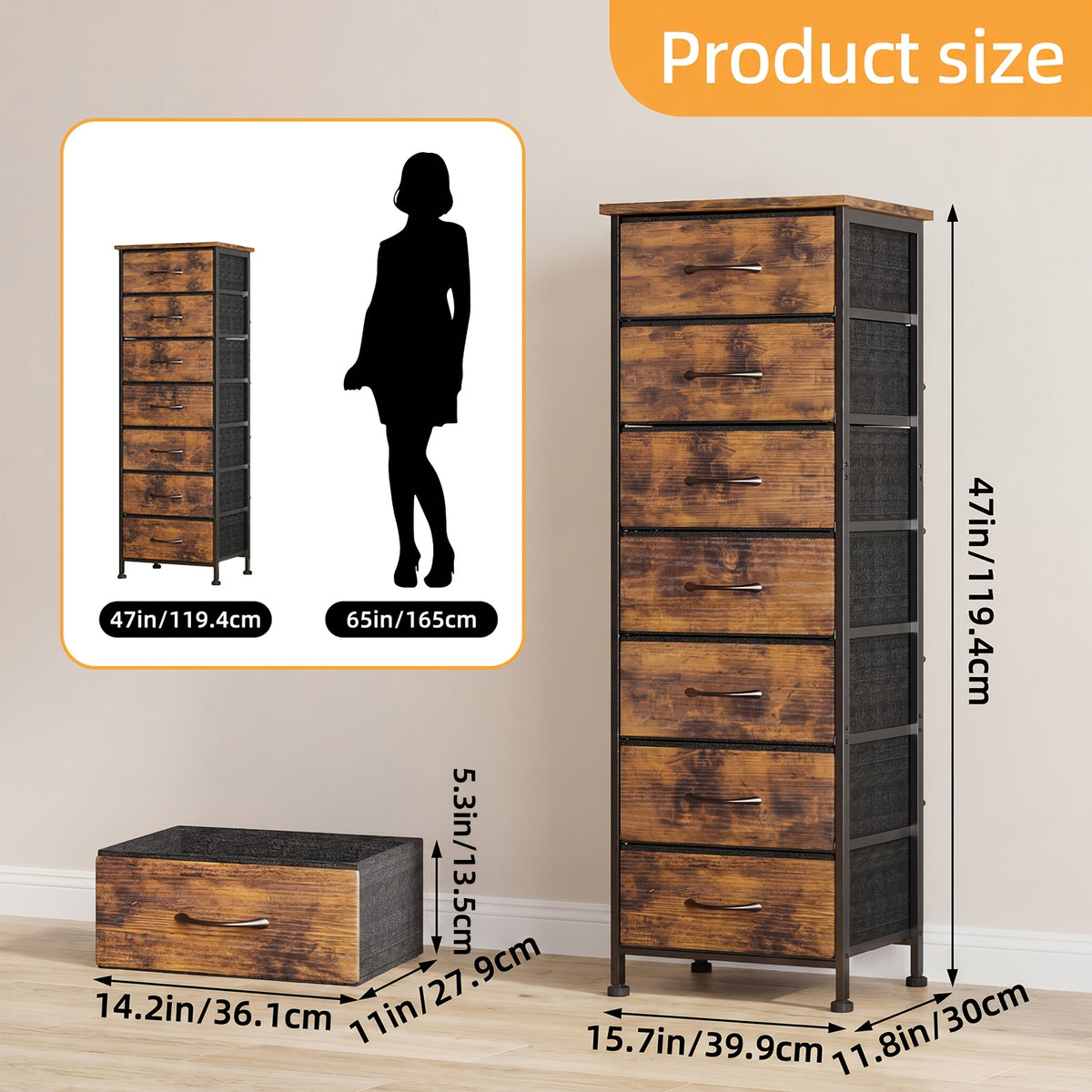 WHONLINE Tall Dresser, 41/47In Storage Dresser Organizer with 6/7 Fabric Drawers for Bedroom, Nightstand Furniture in Closet, Entryway, Closet Systems, Clothing And Closet Storage, for School Storage, Home Decor, for Back to School