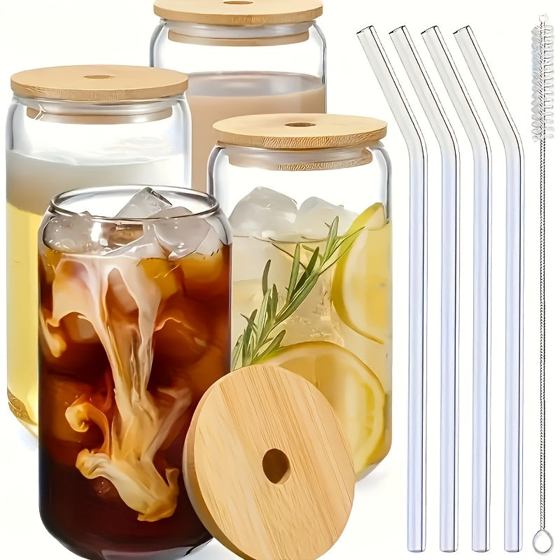 4/6pcs, 18.6oz/550ml, Including Lid, Straw, Straw Brush Glass Cup Set. The Elegant Shape Of The Drinking Cup Is An Ideal Gift, And The Can Shaped Glass Cup Is Suitable for Any Beverage And Occasion