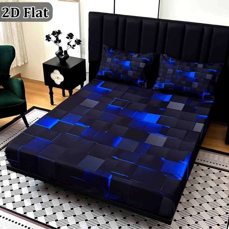 2D Flat 3pcs Cool Technology Digital Printing Material Plaid Fitted Sheet(1pc Bed Sheet+2pcs Pillowcase No Filling) Deep Pocket In 15 Inch, At Home Dormitory Suitable for All Seasons Mattress Protector