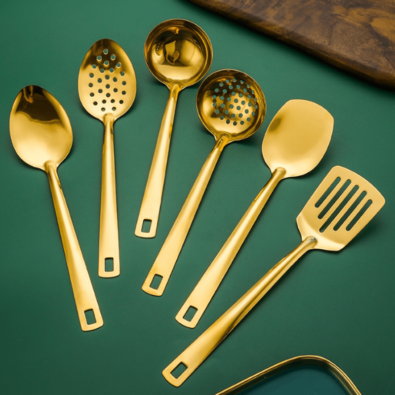 6pcs Set of Korean Style Stainless Steel Golden-plated Kitchen Utensils: Home Cooking Spoons, Frying Flip Spoons - Essential Luxury Golden Service Spoons with Filters and Hot Pot Clips, Perfect for Cooking, Buffets, Restaurant Banquets