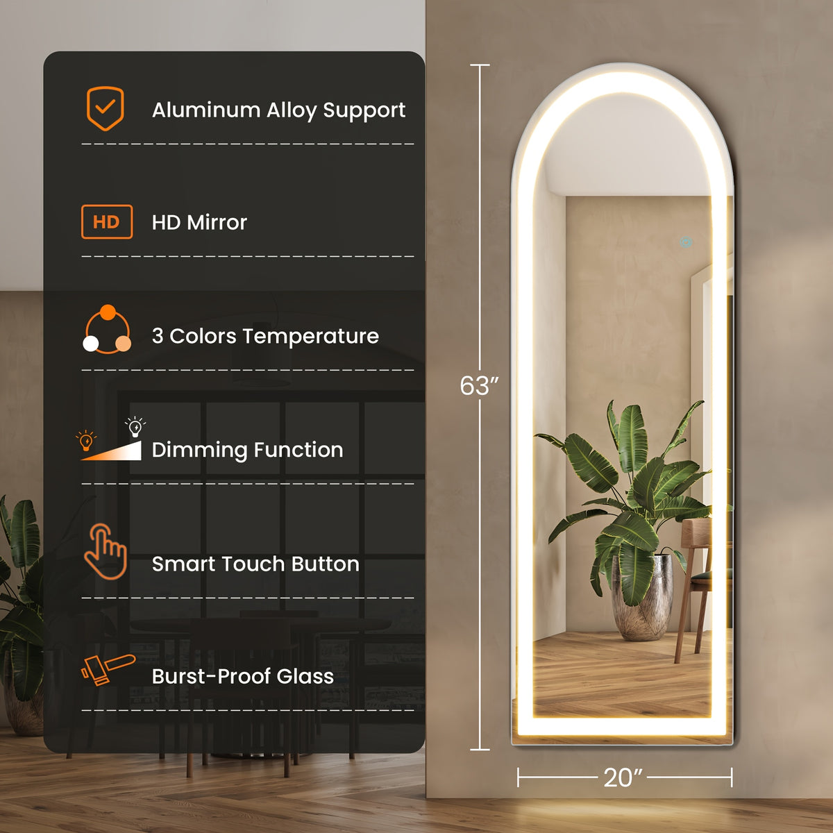 Smart LED Touch Sensor Full-Length Mirror - Adjustable Brightness, Wall-Mount & Freestanding Design with Slim Modern Frame - Ideal for Vanity, Bedroom, Or Dressing Room Lighting