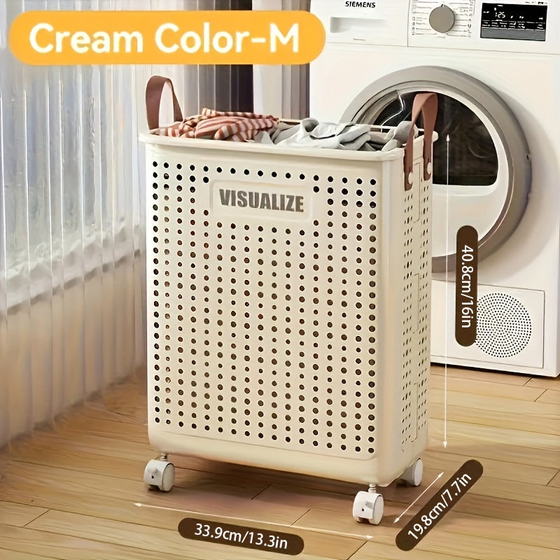 Large And Medium Foldable Ceramic White Laundry Baskets - Pu Leather, Hand Washable, Solid Color, Multi-Functional Portable RV Dirty Clothes Hamper with Wheels for RV Bathroom And Balcony Storage with 2 Stickers