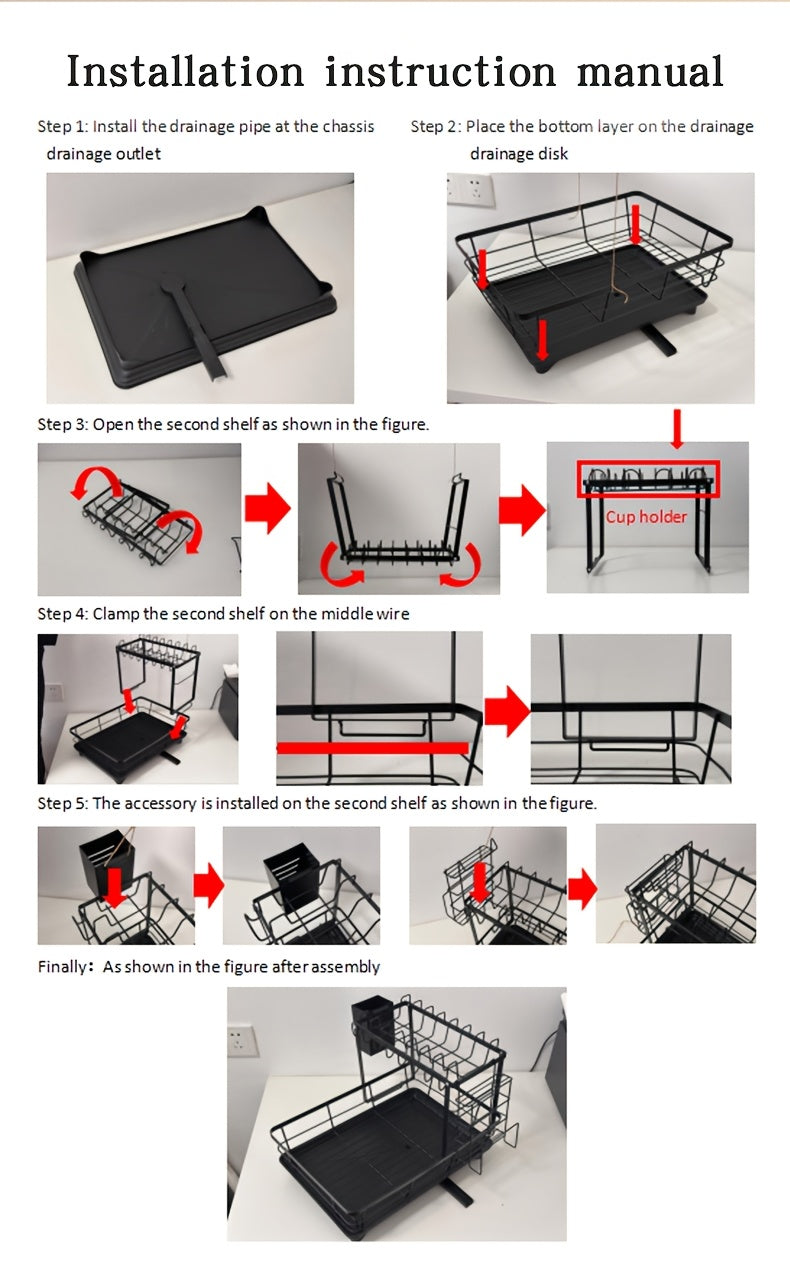 Double Tier Metal And Carbon Steel Cutlery Rack, Large And Durable, with Knife Fork And Cup Holders And Draining Board, Rustproof Two Tier, Space Saving for Kitchen Countertop, Make The Kitchen More Concise And Organized