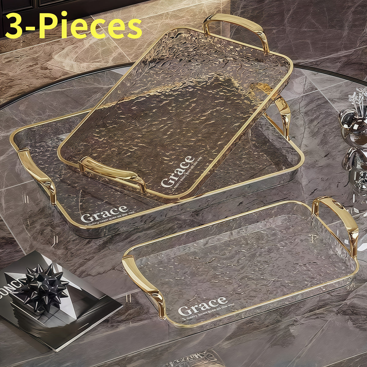 3pcs Transparent Elegant Golden-Rimmed Rectangular Trays Set, Large/Medium/Small PTE Transparent Serving Platters with Handles - Ideal for Fruits, Snacks, Pastries | Perfect for Parties & Festivals, Trays for Serving Food, Party & Festival Essenti