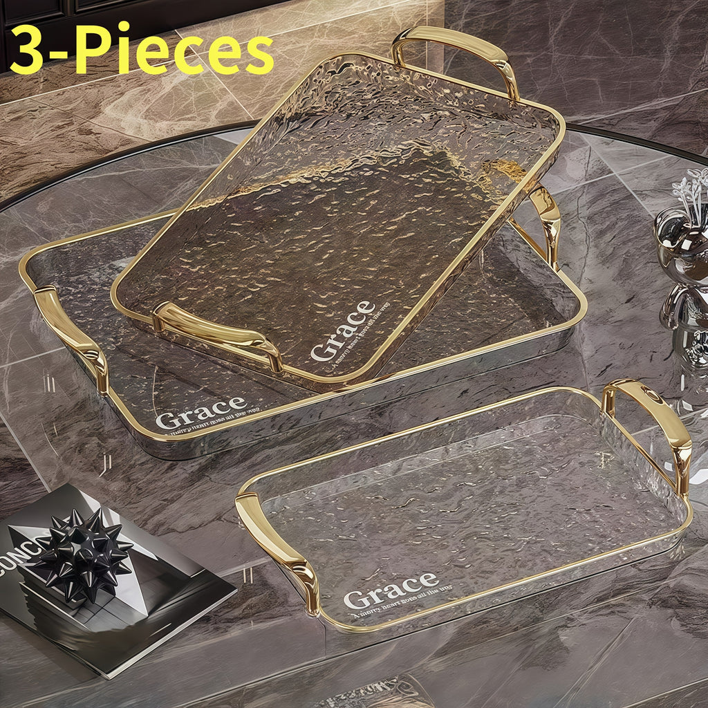 3pcs Transparent Elegant Golden-Rimmed Rectangular Trays Set, Large/Medium/Small PTE Transparent Serving Platters with Handles - Ideal for Fruits, Snacks, Pastries | Perfect for Parties & Festivals, Trays for Serving Food, Party & Festival Essenti