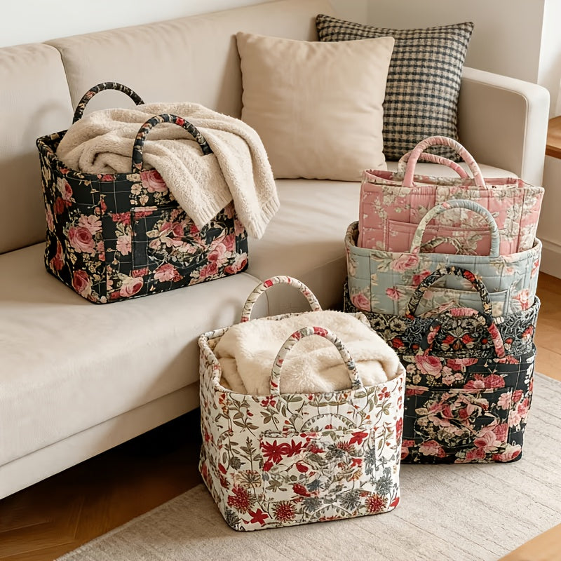 Large Floral Series [Storage Basket] Vintage Quilted Floral Portable Large-Capacity Home Storage Basket Suitable for Various Scenarios, Shelf Baskets