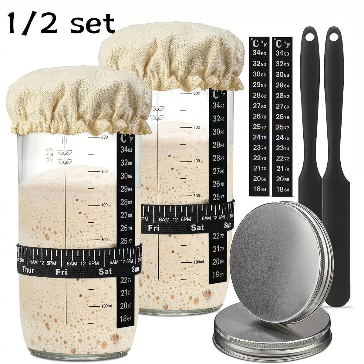 1/2pcs Fermentation Jar 24oz, Glass Jar with Auxiliary Label, Fermentation Jar Kit Set, Thermometer, with Scraper, Stitched Cloth Lid and Aluminum Lid, Suitable for Bread Baking Supplies, Juice Fermentation Glass Jar
