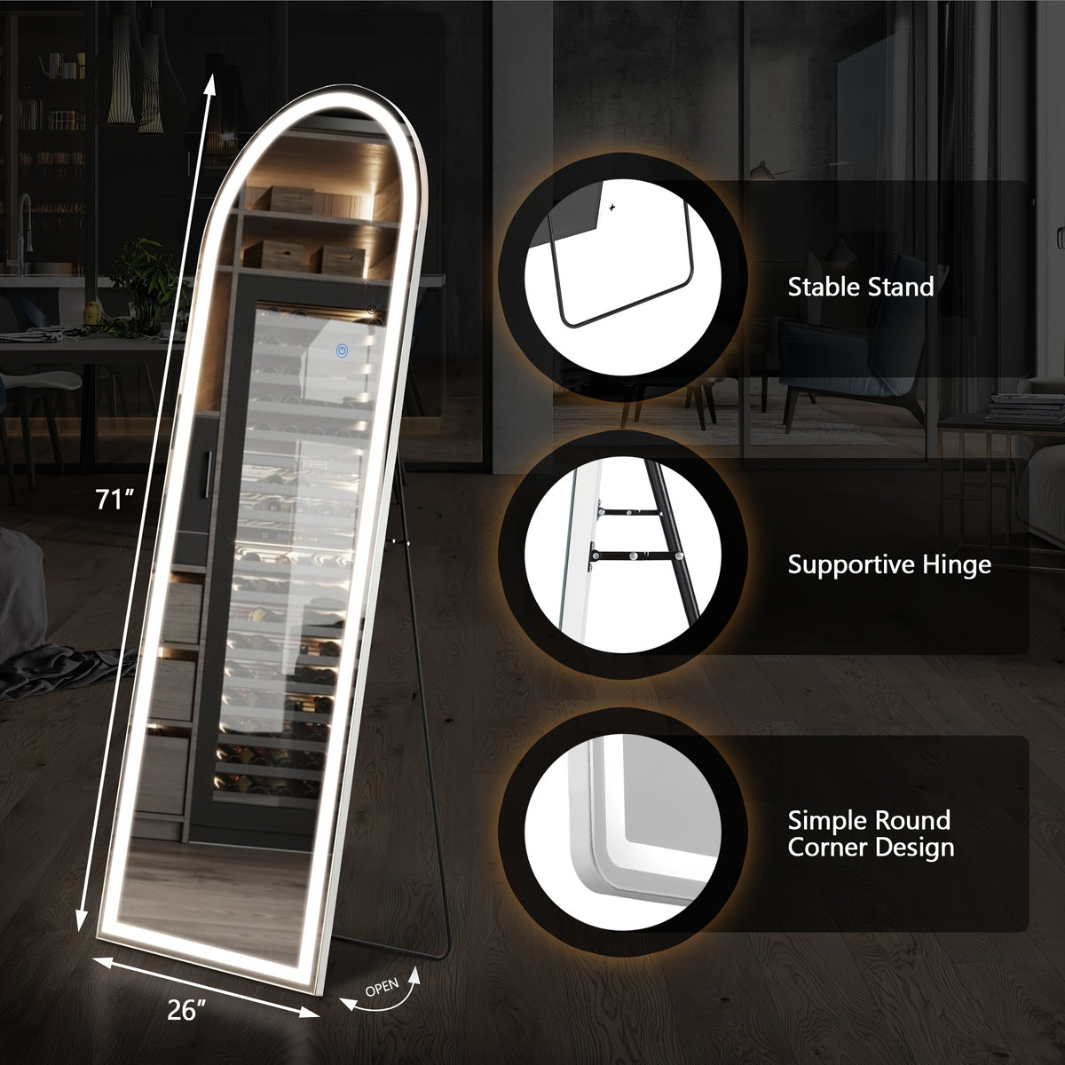 Full Length Mirror, Aluminum Frame - LED Lighted Full Length Mirror - Arched Makeup Mirror - Full Length Makeup Mirror - for Bathroom Bedroom or Living Room, Multiple Sizes, Black/ Golden/ White Available