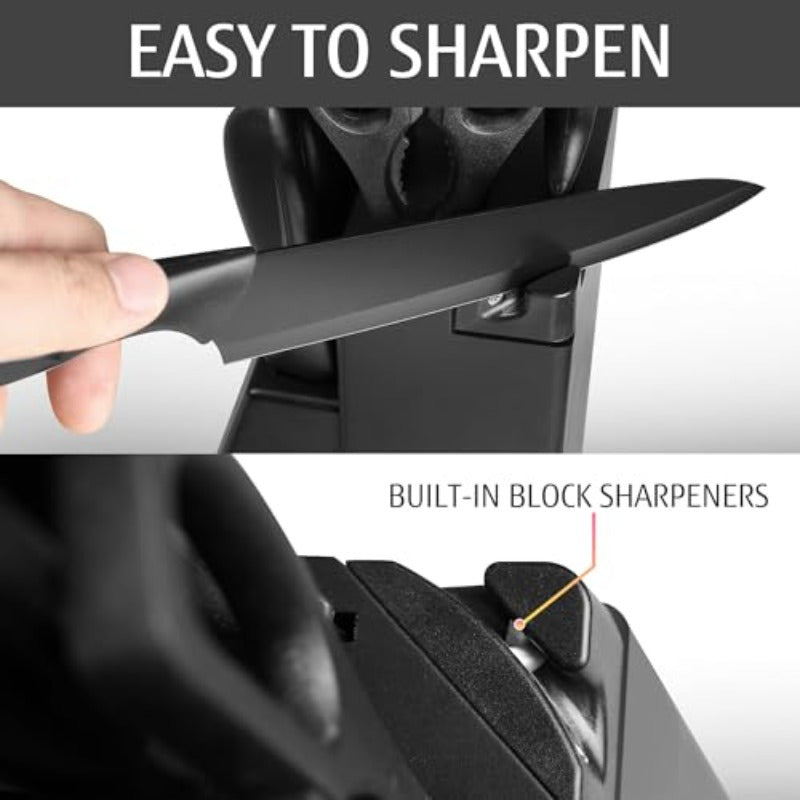15pcs Black Kitchen Knife Set with Stainless Steel Blades, Non-Stick Coating, And Lightweight Ergonomic Handles- Professional Chef Knives for Home And Commercial Use, Sharp And Durable Utensil Set with Knife Block And Scissors