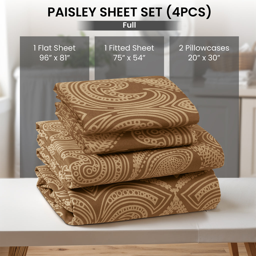 Paisley Bed Sheet Set, Soft Double Brushed Microfiber Bedding with 16-Inch Deep Pocket Fitted Sheet and Pillowcases in Six Sizes for Bedroom Comfort