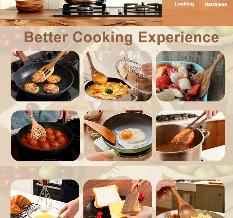 10pcs Wooden Spoons for Cooking, Natural Teak Wooden Kitchen Utensils Set Non-Stick Kitchen Pan Toolset Wooden Utensils for Cooking Wooden Cooking Utensils Wooden Spatulas for Cooking