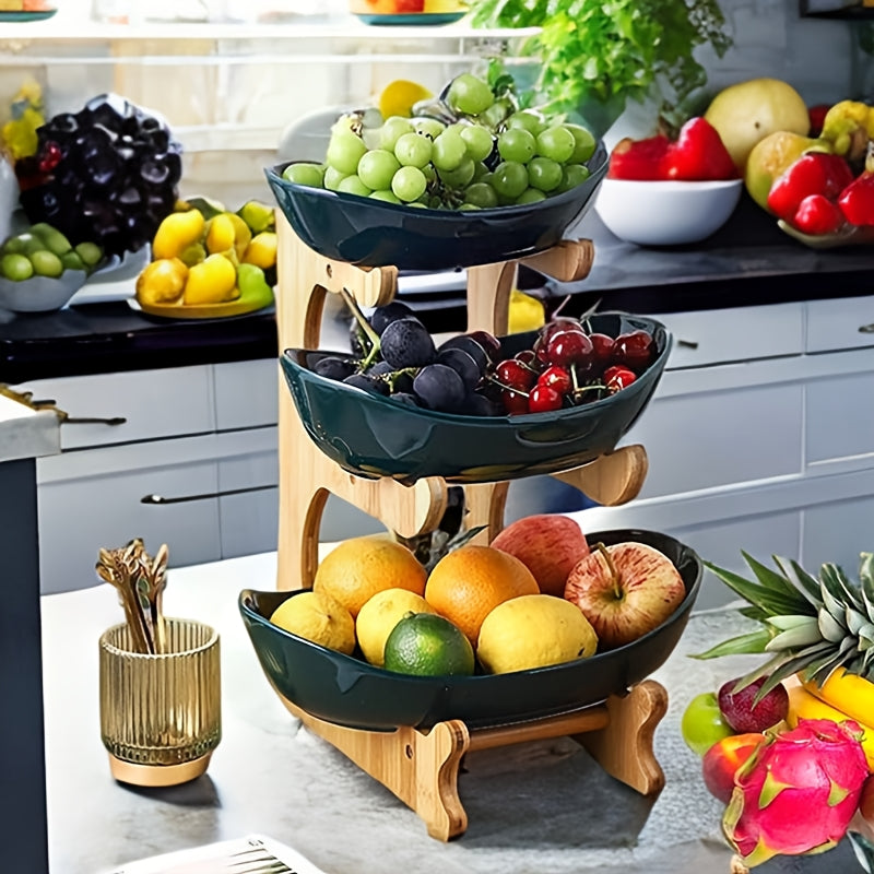 A Creative Two-Layer/Three-Layer Kitchen Fruit Basket, Large-Capacity Layered Fruit Basket, European-Style Dried Fruit Plate, Bamboo And Wood Frame, Household Snack Plate, Candy Tray, Fruit Basket, Bamboo And Wood