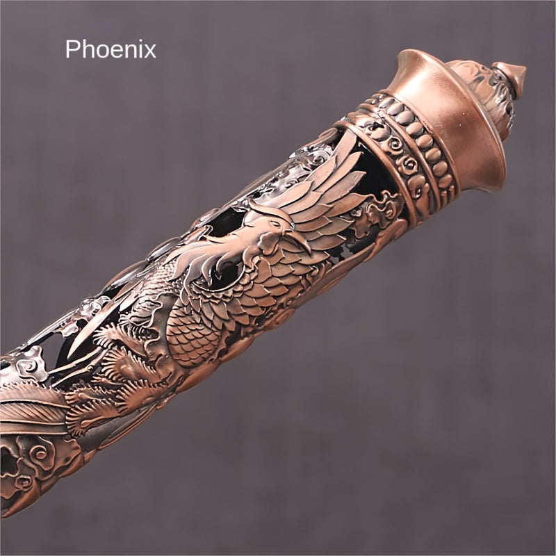 Metal Incense Stick Holder Featuring a Retro Vertical Design, Heart Sutra, Dragon, And Phoenix Motifs, Perfect for Home Or Office Ceremonial Decoration
