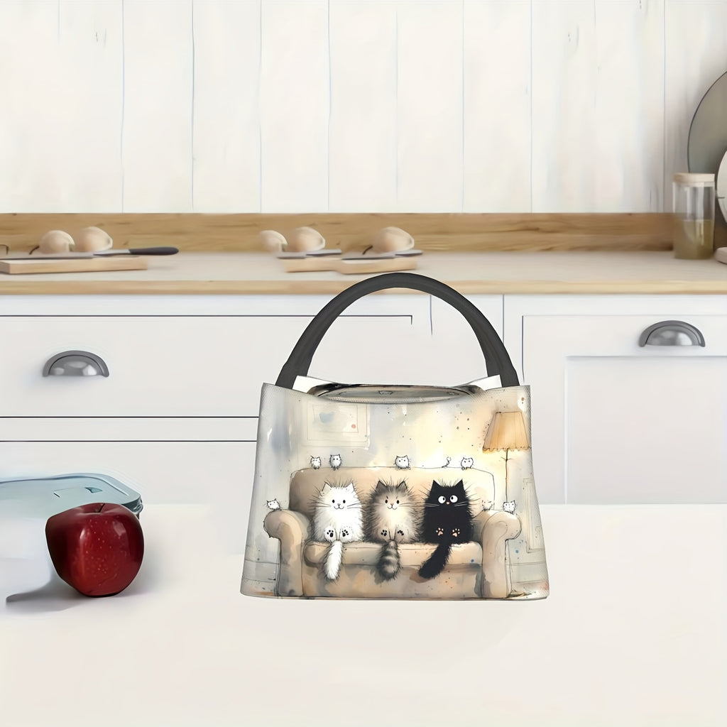 Adorable Feline Design Insulated Lunch Tote - Rectangular Polyester Bag Featuring an Animal Motif, Easy to Clean by Hand, Portable And Reusable Cooler Suitable for Picnics, Beach Outings, Hiking, Work (non-food contact)