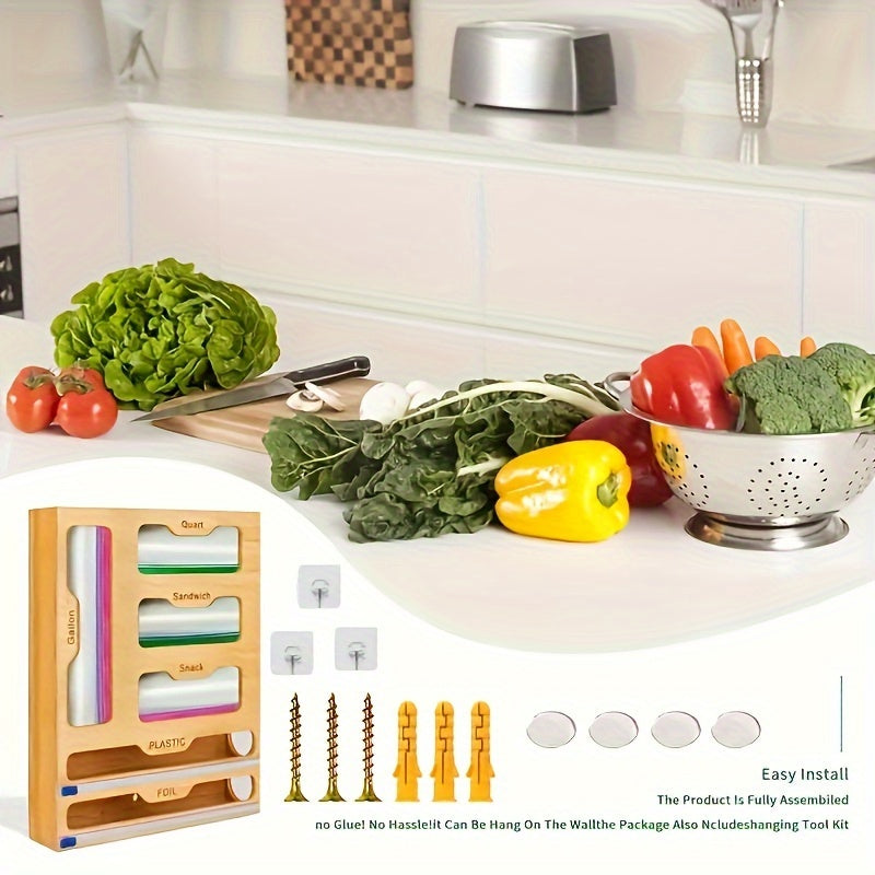 Bamboo Bag Organizer And Foil And Plastic Wrap Organizer Aluminum Foil Organization And Storage Plastic Wrap Dispenser with Cutter for Kitchen Drawer for Gallon Quart Sandwich Snack Kitchen Supplies