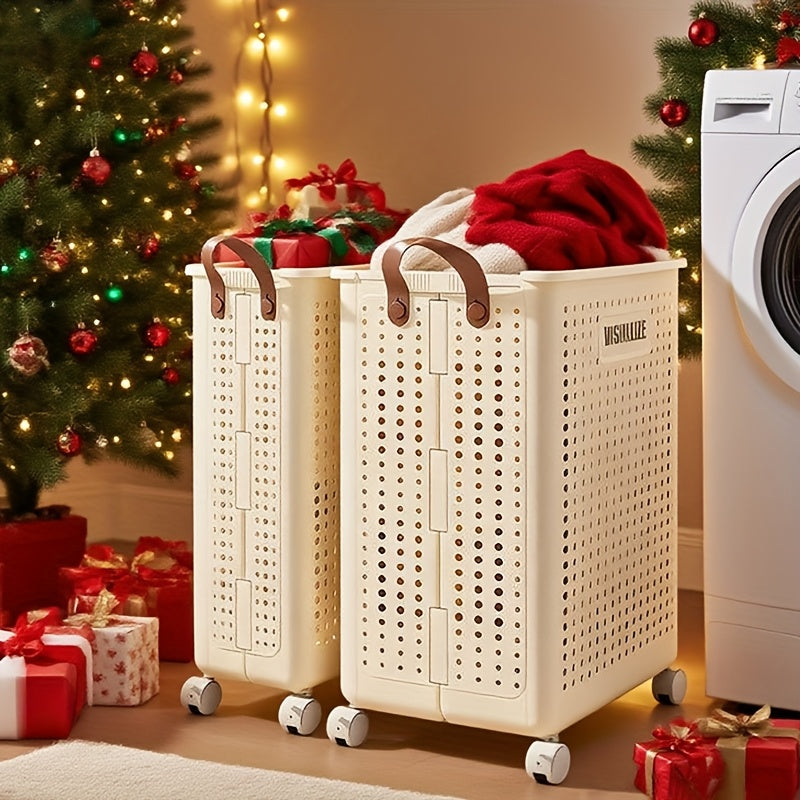 Large And Medium Foldable Ceramic White Laundry Baskets - Pu Leather, Hand Washable, Solid Color, Multi-Functional Portable RV Dirty Clothes Hamper with Wheels for RV Bathroom And Balcony Storage with 2 Stickers