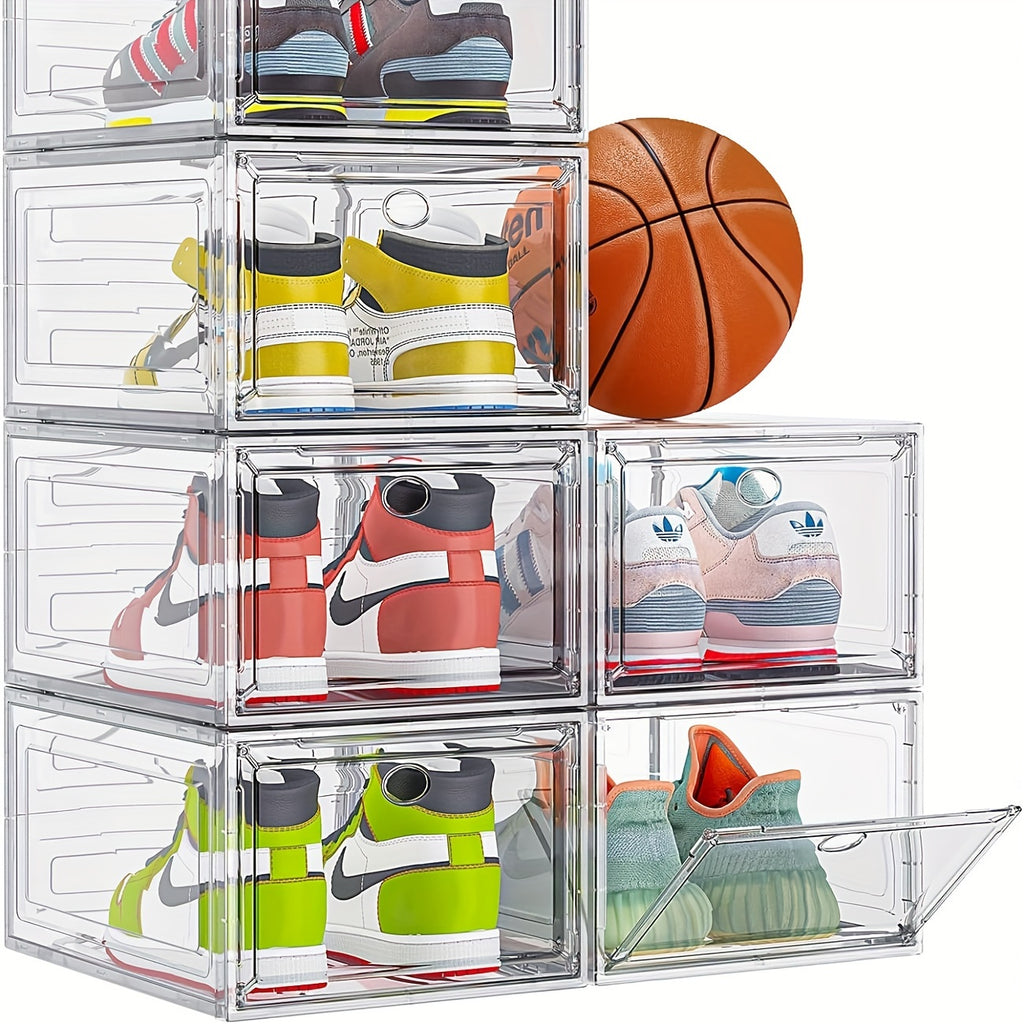 6 Pack Clear Shoe Organizer, Stackable Closet Shoe Rack, Professional Grade Shoe Display with Magnetic Door. Boot And Hat Organizer. Dustproof Shoe Organizer, Sneaker Organizer for Women/Men, Front Loading Large Plastic Shoe Organizer for Sneakers