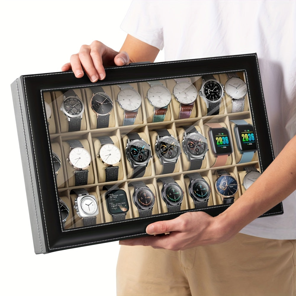 Watch Box, 24 Slots Watch Case, Watch Box Organizer Jewelry Storage with Large Glass Lid, Watch Display Case, Watch Box for Men & Women, Decorative Jewelry Boxes