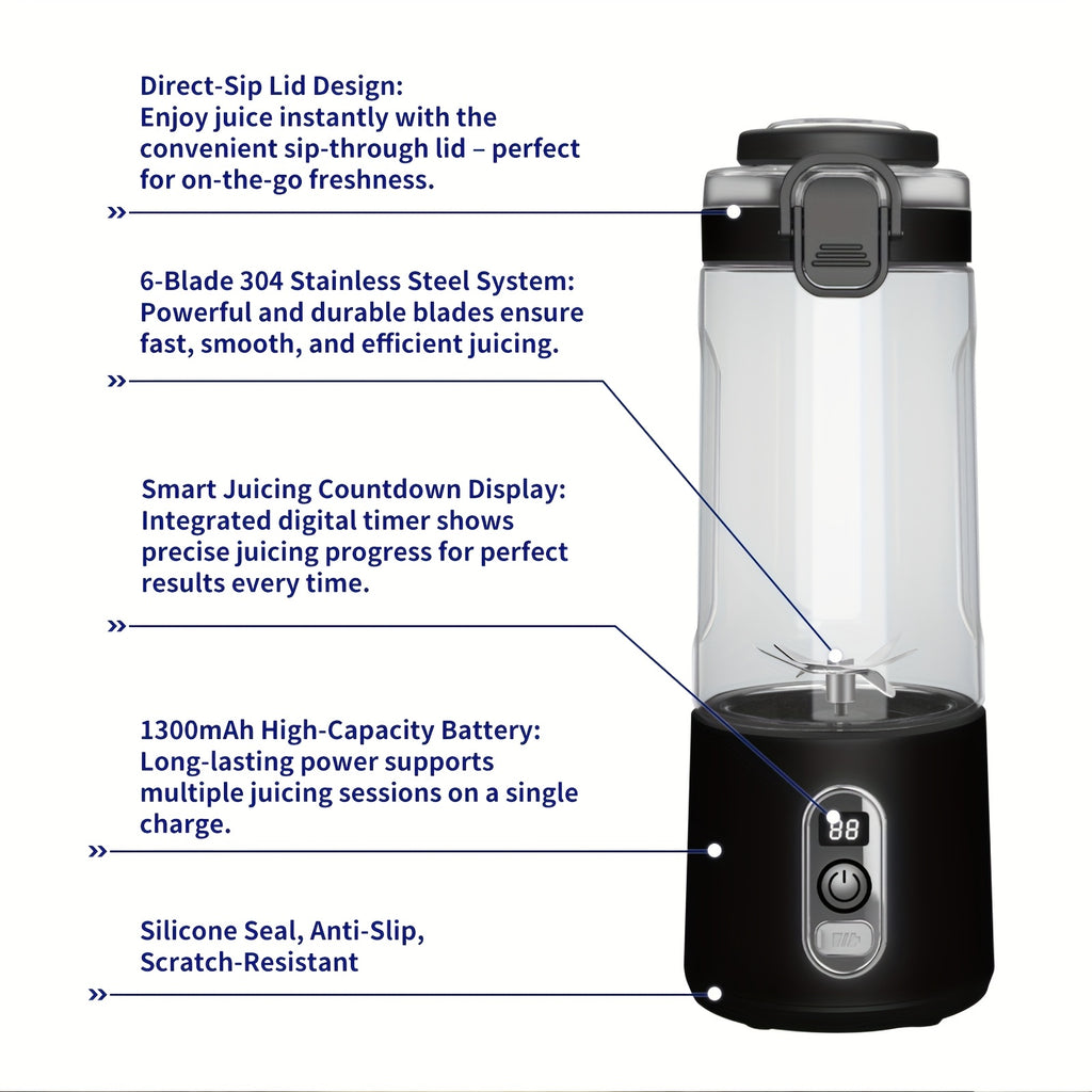 LALAYUAN USB-Powered Juicer & Juicer with Digital Timer, Battery Left Display, High-Speed Ice Crush, USB-C Fast Charge, One-Tap NO-Spill Lid, 6-Blade Stainless Steel - Smoothie Blender Portable, Protein Shakes, Gym, Travel Smoothie Maker