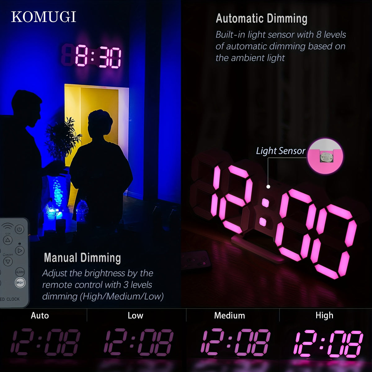 1pc  LED Clock for Room Decor, 9. 7" Digital Wall Clock Table Clock for Living Room, Modern Digital Alarm Clock for Bedroom, Aesthetic Bedside Desk Clock with Remote/Dimming/12/24H/Date/Temp, Gifts for Her, Christmas Valentine's Day New Year Gift