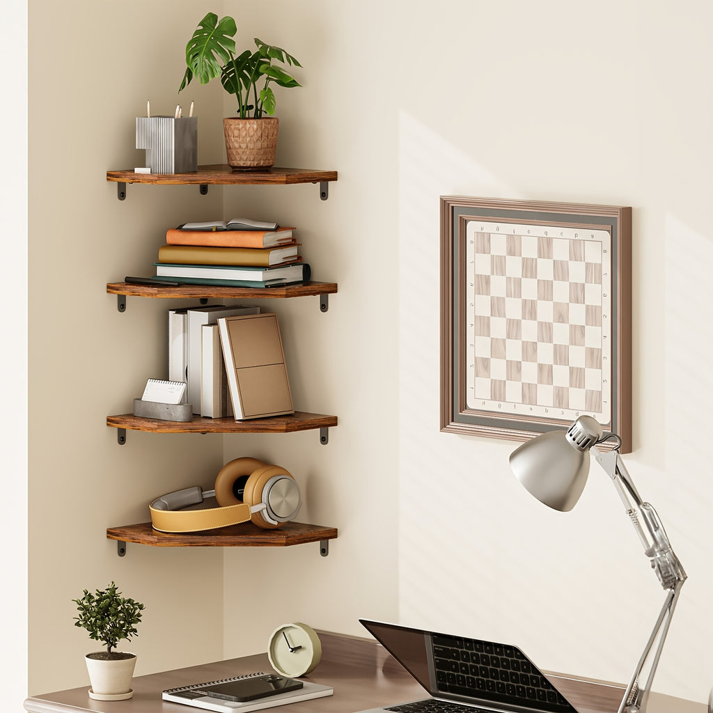 Wooden Corner Wall Shelves, Country Style Floating Storage in Brown, Black or White with 2, 4 or 6 Piece Sets for Small Space Organization