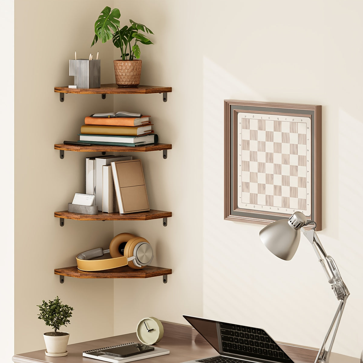 TOMNK Country Style Wooden Corner Wall Organizer, Space-Saving Floating Storage Shelf, Multipurpose Display Rack for Small Space, Practical Wall Decor for Living Room, Bedroom, Bathroom And Kitchen, Brown/Black/White for Holiday Decoration